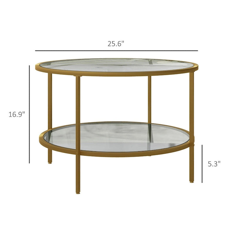 Table d'appoint HOMCOM avec rangement, table d'appoint ronde de 66 cm, table basse à 2 niveaux en verre trempé avec cadre en acier pour salon