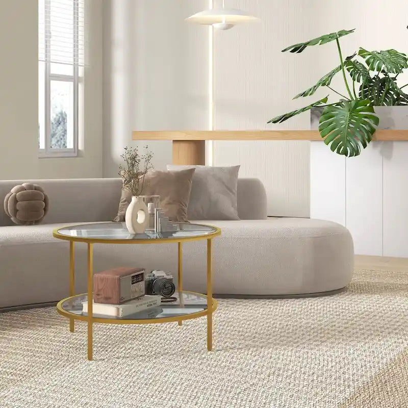 Table d'appoint HOMCOM avec rangement, table d'appoint ronde de 66 cm, table basse à 2 niveaux en verre trempé avec cadre en acier pour salon
