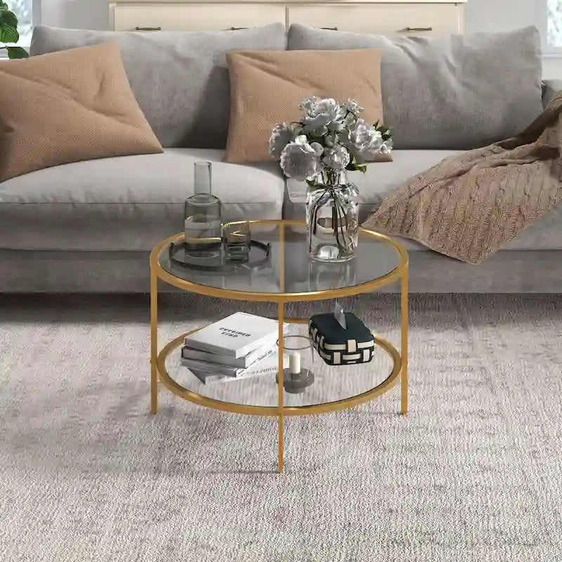 Table d'appoint HOMCOM avec rangement, table d'appoint ronde de 66 cm, table basse à 2 niveaux en verre trempé avec cadre en acier pour salon