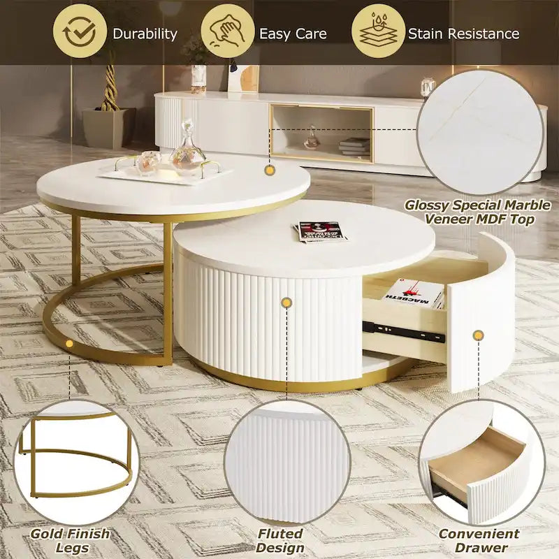 Table basse gigogne ronde moderne avec tiroir (Lot de 2) par Harper&Bright Designs