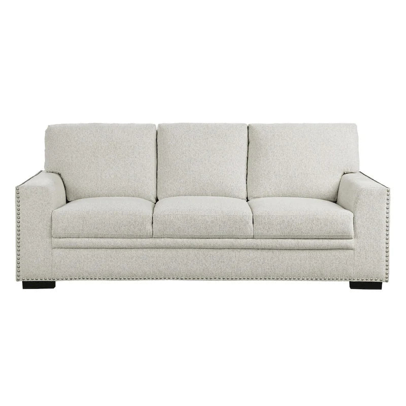 Canapé Meil 213 cm, chenille beige, clous décoratifs, coussins en mousse, bois massif