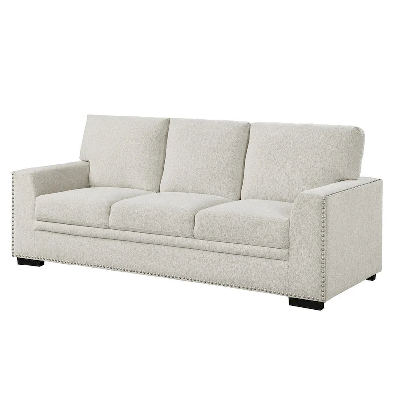 Canapé Meil 213 cm, chenille beige, clous décoratifs, coussins en mousse, bois massif