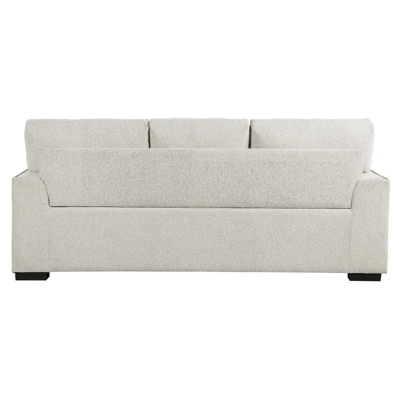 Canapé Meil 213 cm, chenille beige, clous décoratifs, coussins en mousse, bois massif