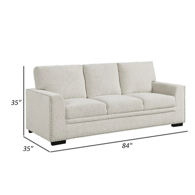 Canapé Meil 213 cm, chenille beige, clous décoratifs, coussins en mousse, bois massif