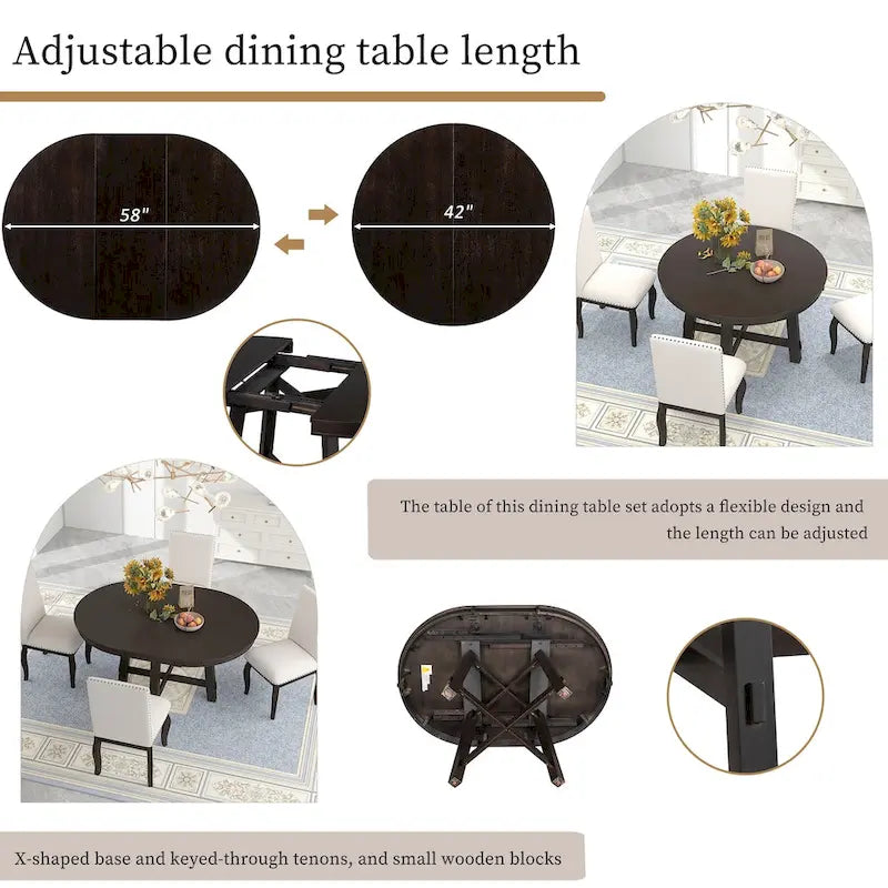 Table de salle à manger ronde extensible de style ferme avec 16 rallonges en bois