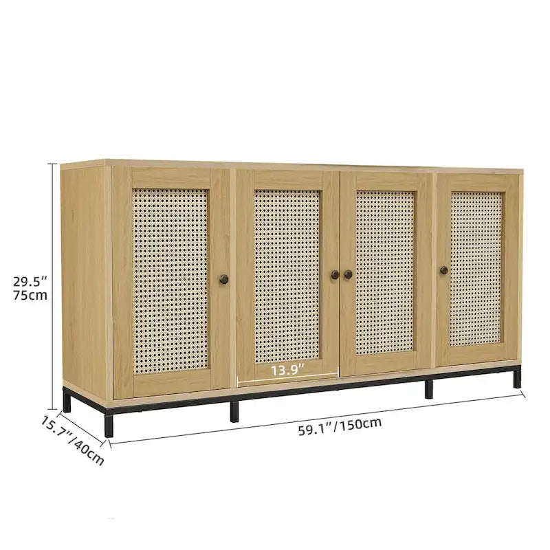 Buffet en bois de 150 cm de large à 4 portes avec étagères - 150 cm