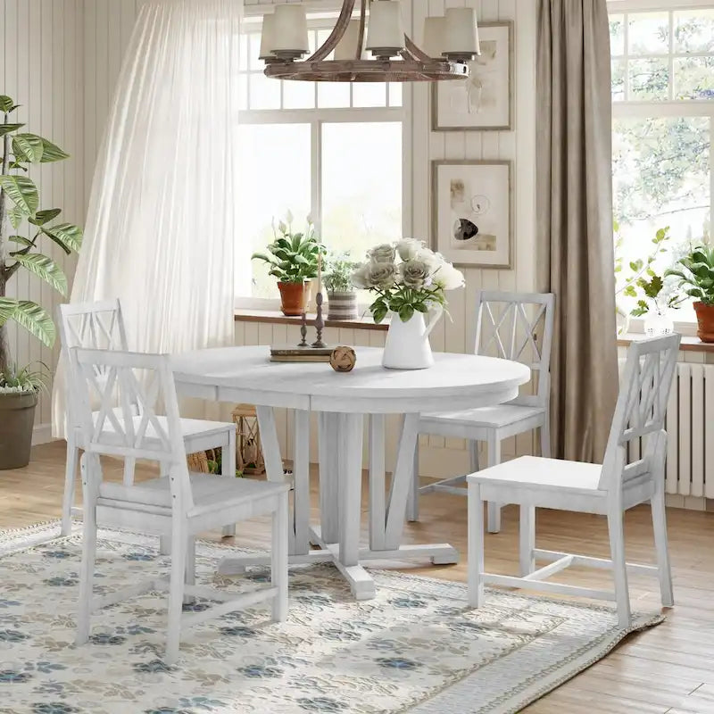 Ensemble de table à manger extensible rustique 5 pièces - Table ronde à tréteaux et 4 chaises de salle à manger à dossier croisé pour cuisine, salle à manger, gris