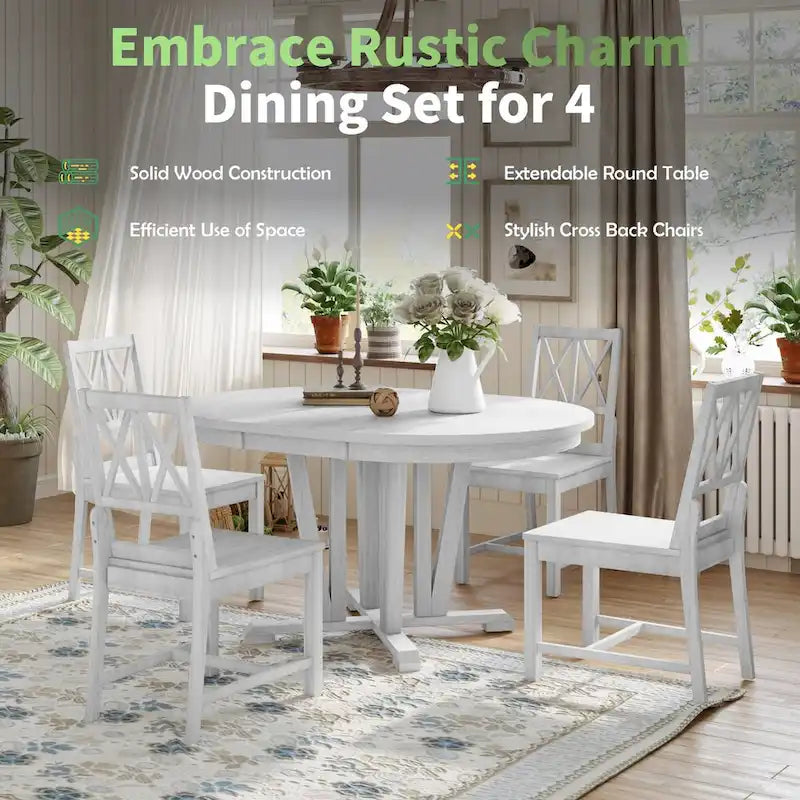 Ensemble de table à manger extensible rustique 5 pièces - Table ronde à tréteaux et 4 chaises de salle à manger à dossier croisé pour cuisine, salle à manger, gris