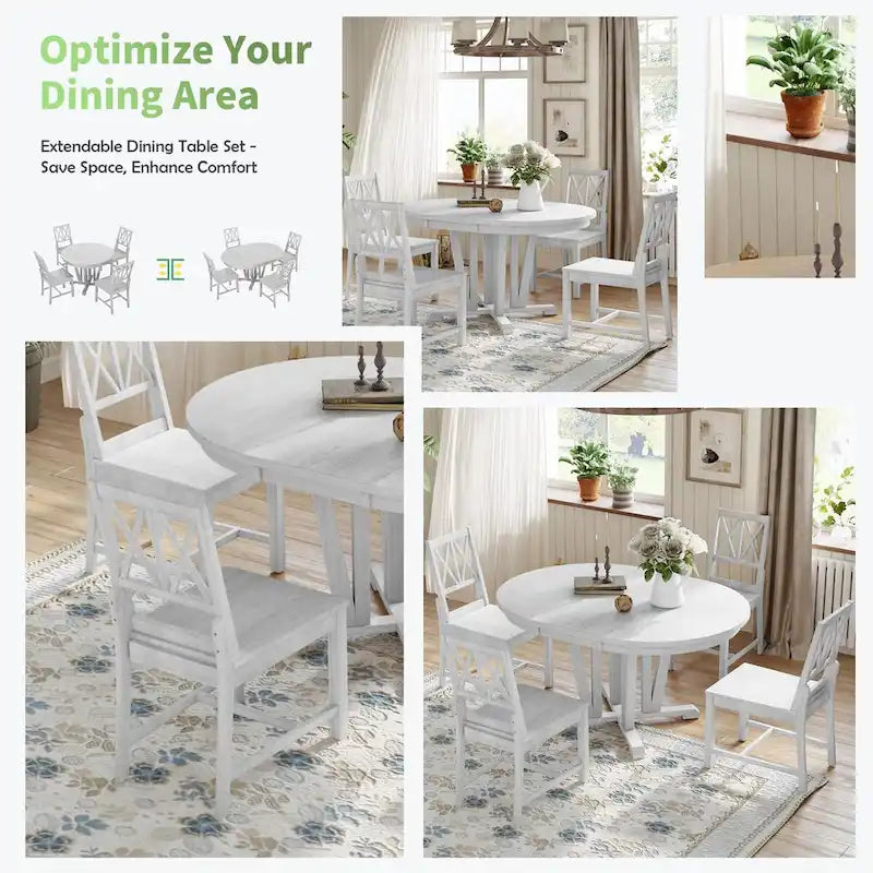 Ensemble de table à manger extensible rustique 5 pièces - Table ronde à tréteaux et 4 chaises de salle à manger à dossier croisé pour cuisine, salle à manger, gris