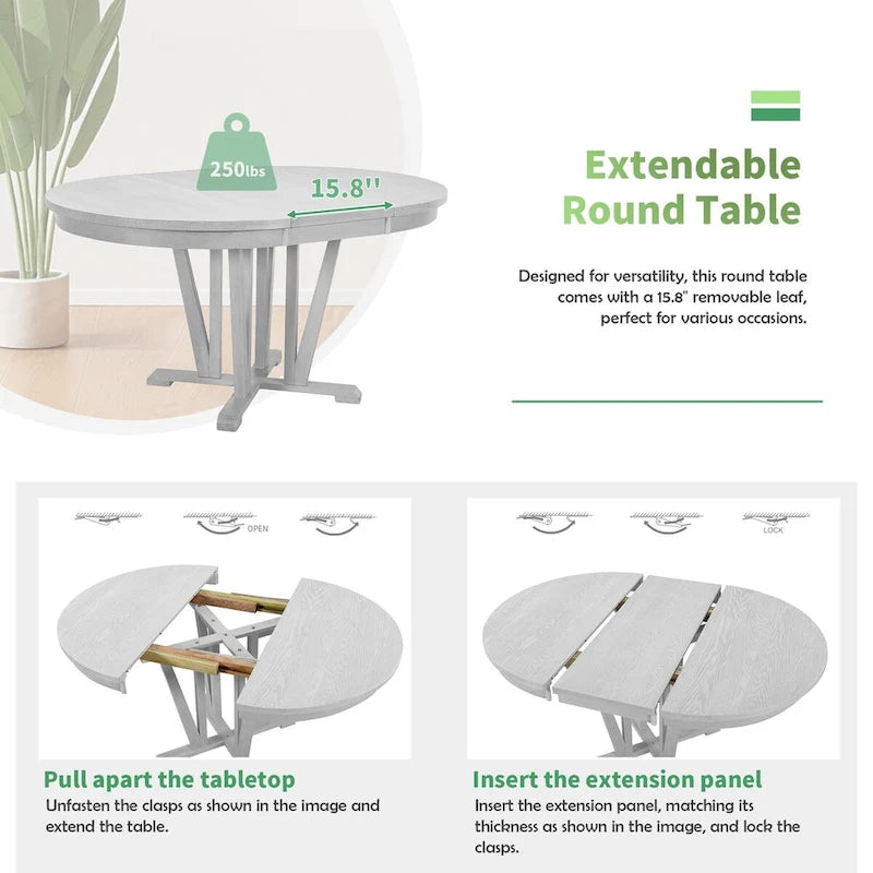 Ensemble de table à manger extensible rustique 5 pièces - Table ronde à tréteaux et 4 chaises de salle à manger à dossier croisé pour cuisine, salle à manger, gris