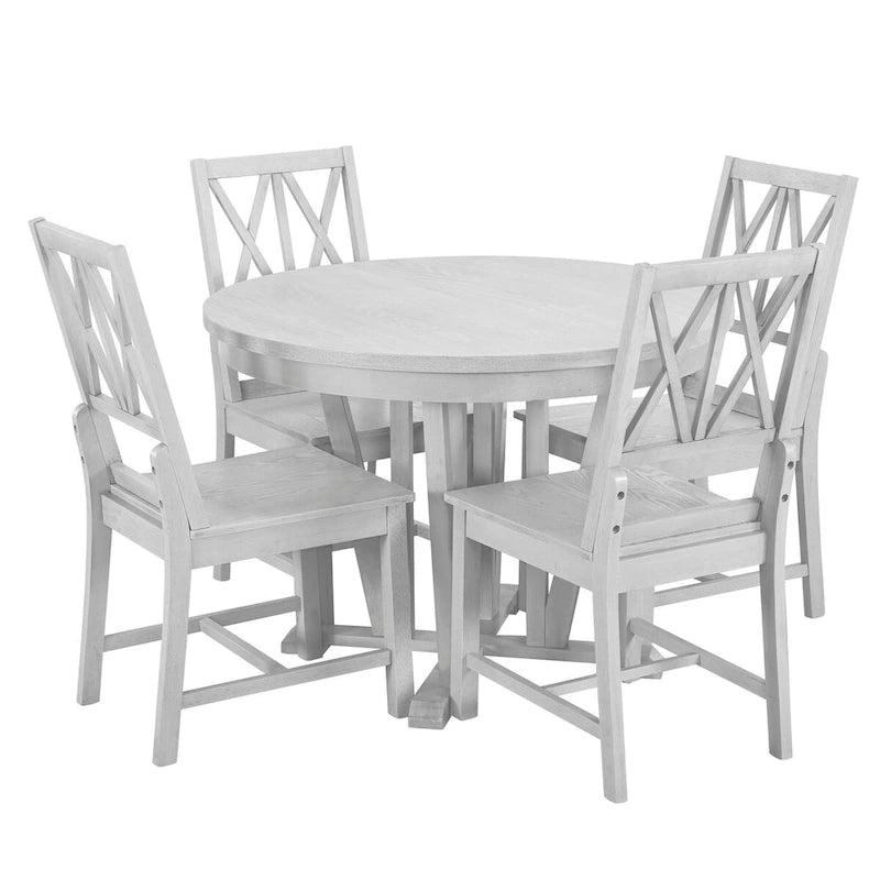 Ensemble de table à manger extensible rustique 5 pièces - Table ronde à tréteaux et 4 chaises de salle à manger à dossier croisé pour cuisine, salle à manger, gris
