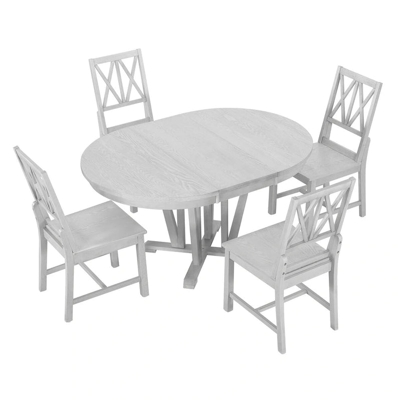 Ensemble de table à manger extensible rustique 5 pièces - Table ronde à tréteaux et 4 chaises de salle à manger à dossier croisé pour cuisine, salle à manger, gris