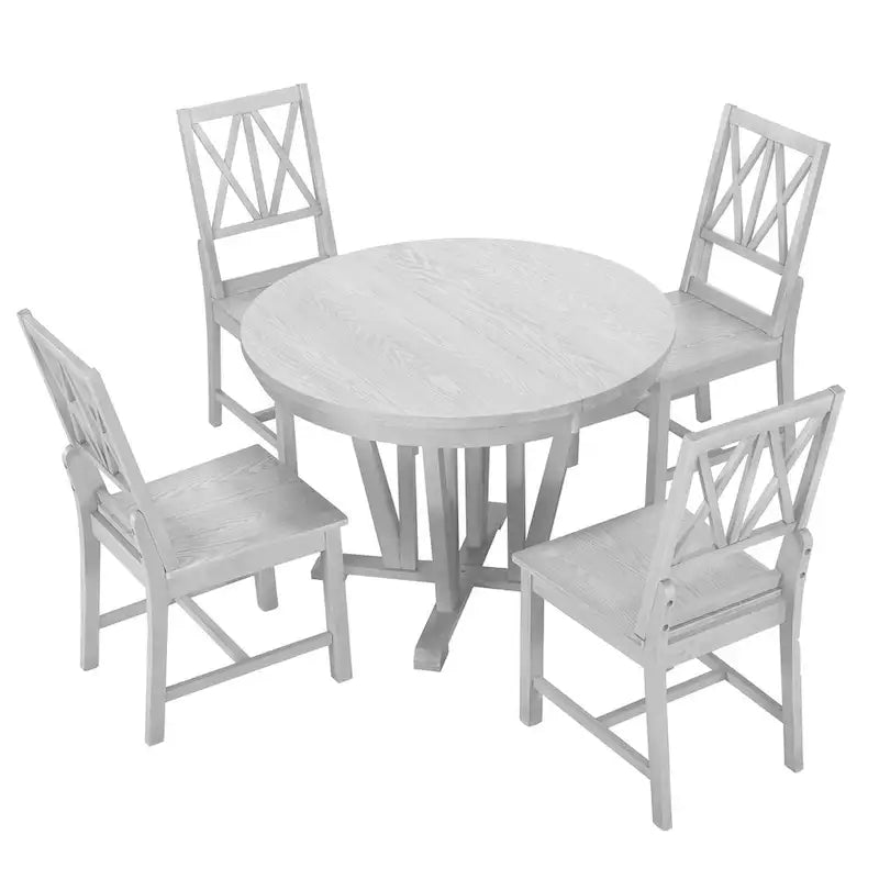 Ensemble de table à manger extensible rustique 5 pièces - Table ronde à tréteaux et 4 chaises de salle à manger à dossier croisé pour cuisine, salle à manger, gris