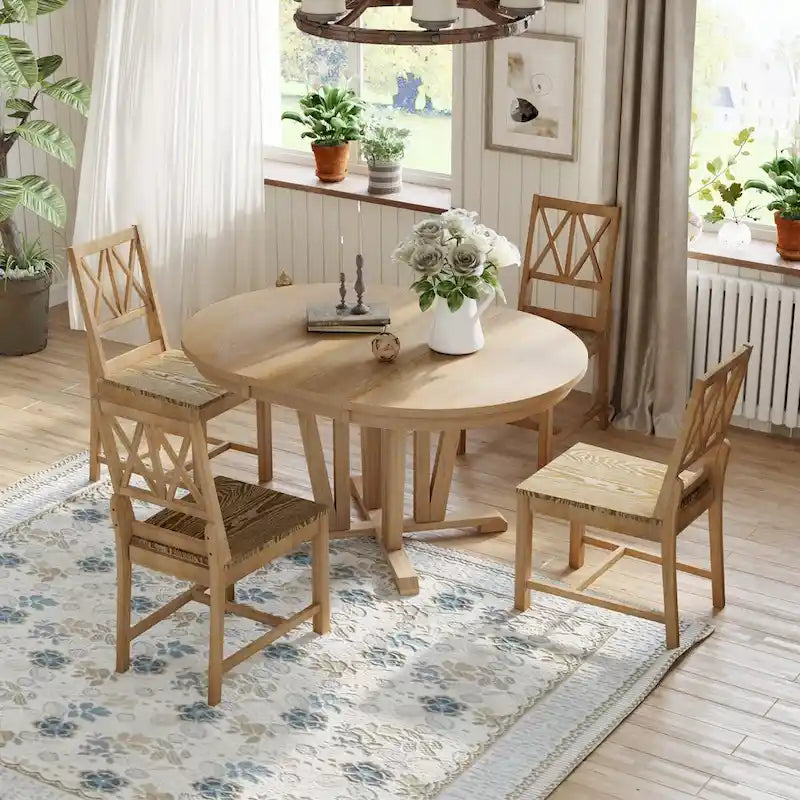 Ensemble de table à manger extensible rustique 5 pièces - Table ronde à tréteaux et 4 chaises de salle à manger à dossier croisé pour cuisine, salle à manger, gris
