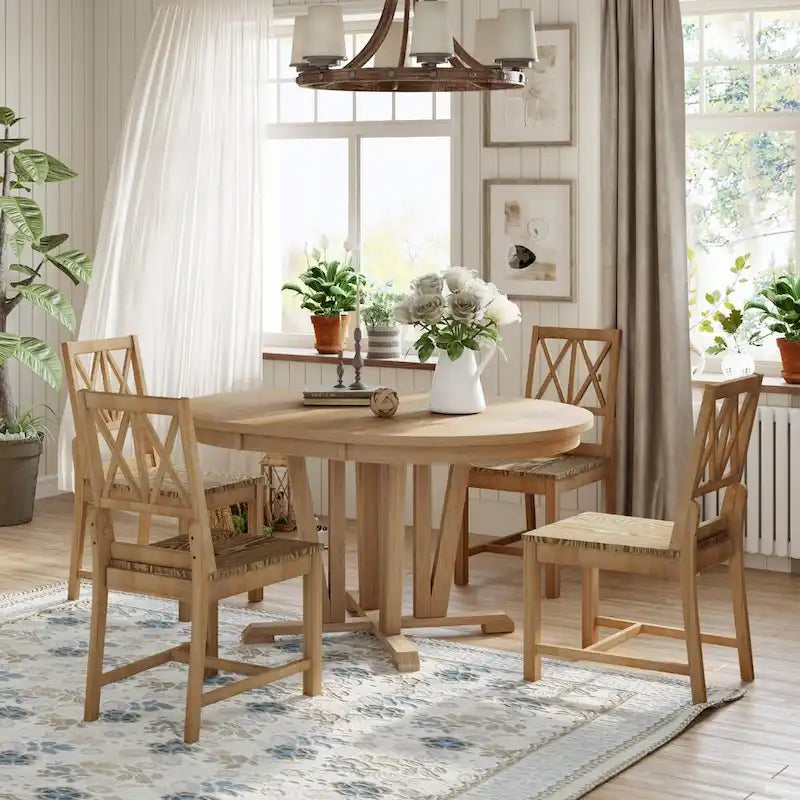 Ensemble de table à manger extensible rustique 5 pièces - Table ronde à tréteaux et 4 chaises de salle à manger à dossier croisé pour cuisine, salle à manger, gris