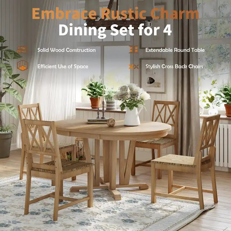 Ensemble de table à manger extensible rustique 5 pièces - Table ronde à tréteaux et 4 chaises de salle à manger à dossier croisé pour cuisine, salle à manger, gris