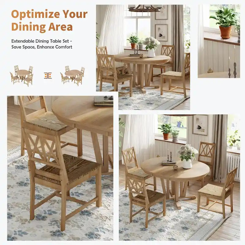 Ensemble de table à manger extensible rustique 5 pièces - Table ronde à tréteaux et 4 chaises de salle à manger à dossier croisé pour cuisine, salle à manger, gris