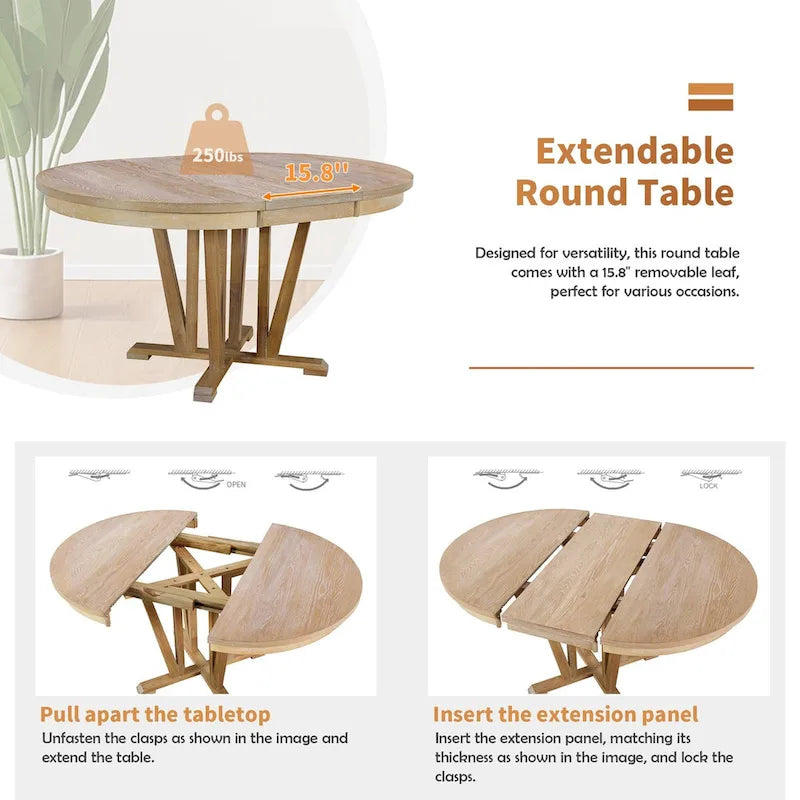Ensemble de table à manger extensible rustique 5 pièces - Table ronde à tréteaux et 4 chaises de salle à manger à dossier croisé pour cuisine, salle à manger, gris