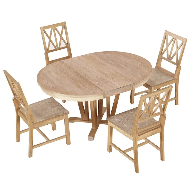 Ensemble de table à manger extensible rustique 5 pièces - Table ronde à tréteaux et 4 chaises de salle à manger à dossier croisé pour cuisine, salle à manger, gris