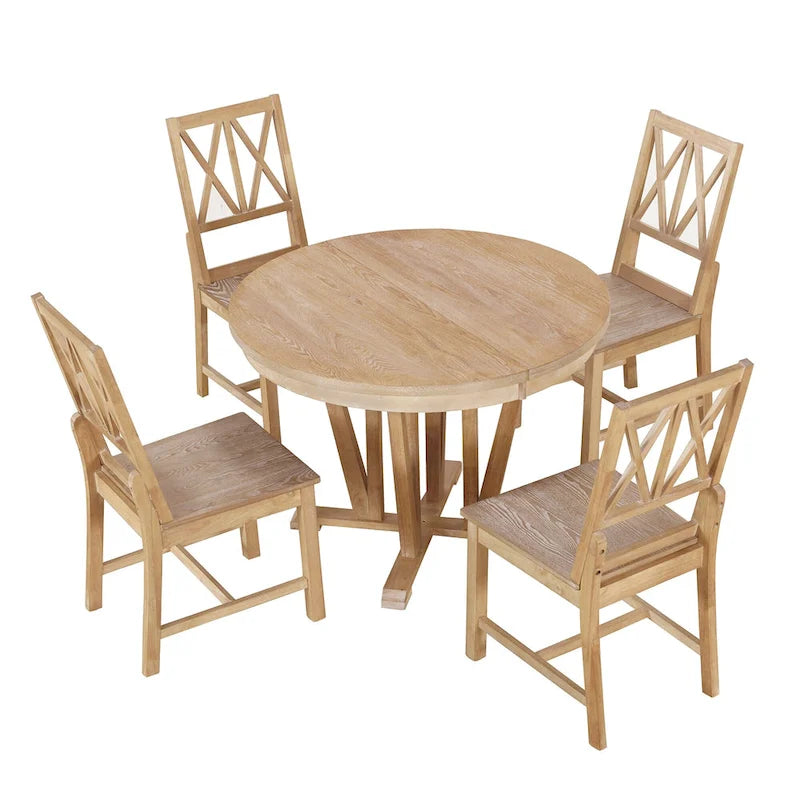 Ensemble de table à manger extensible rustique 5 pièces - Table ronde à tréteaux et 4 chaises de salle à manger à dossier croisé pour cuisine, salle à manger, gris