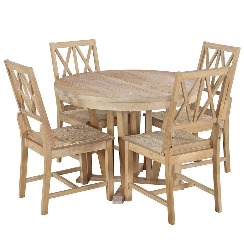 Ensemble de table à manger extensible rustique 5 pièces - Table ronde à tréteaux et 4 chaises de salle à manger à dossier croisé pour cuisine, salle à manger, gris