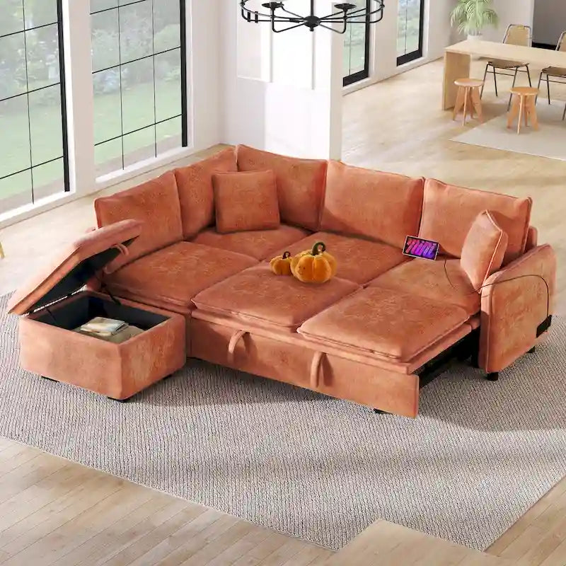 Canapé convertible modulaire avec pouf, deux oreillers, prises de courant et ports USB, orange