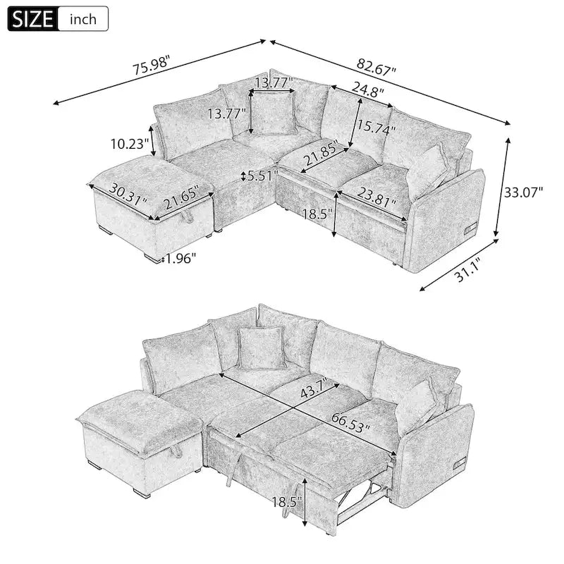 Canapé convertible modulaire avec pouf, deux oreillers, prises de courant et ports USB, orange