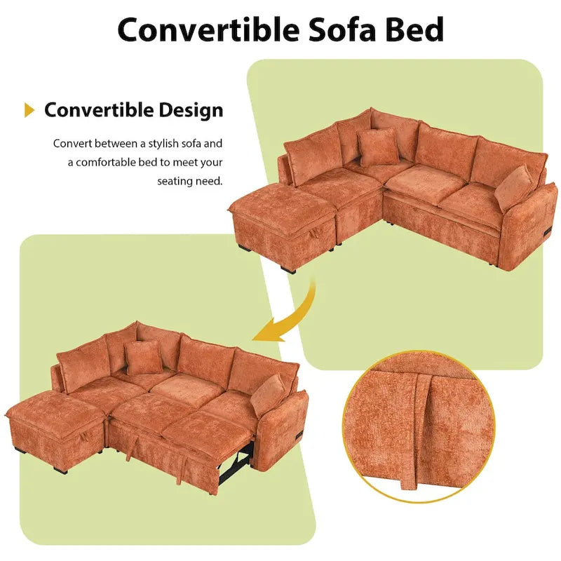 Canapé convertible modulaire avec pouf, deux oreillers, prises de courant et ports USB, orange