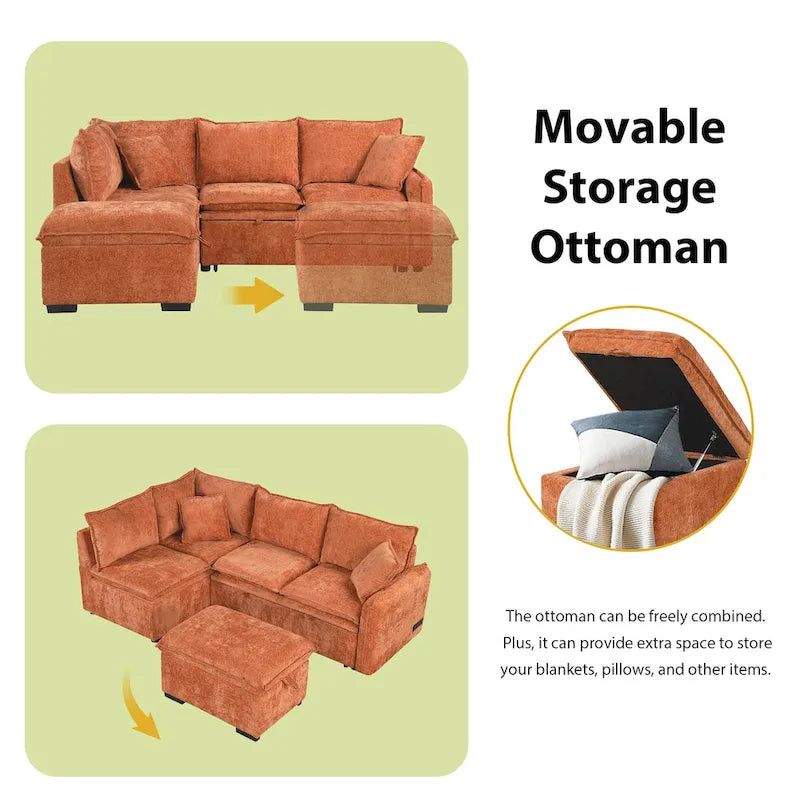 Canapé convertible modulaire avec pouf, deux oreillers, prises de courant et ports USB, orange