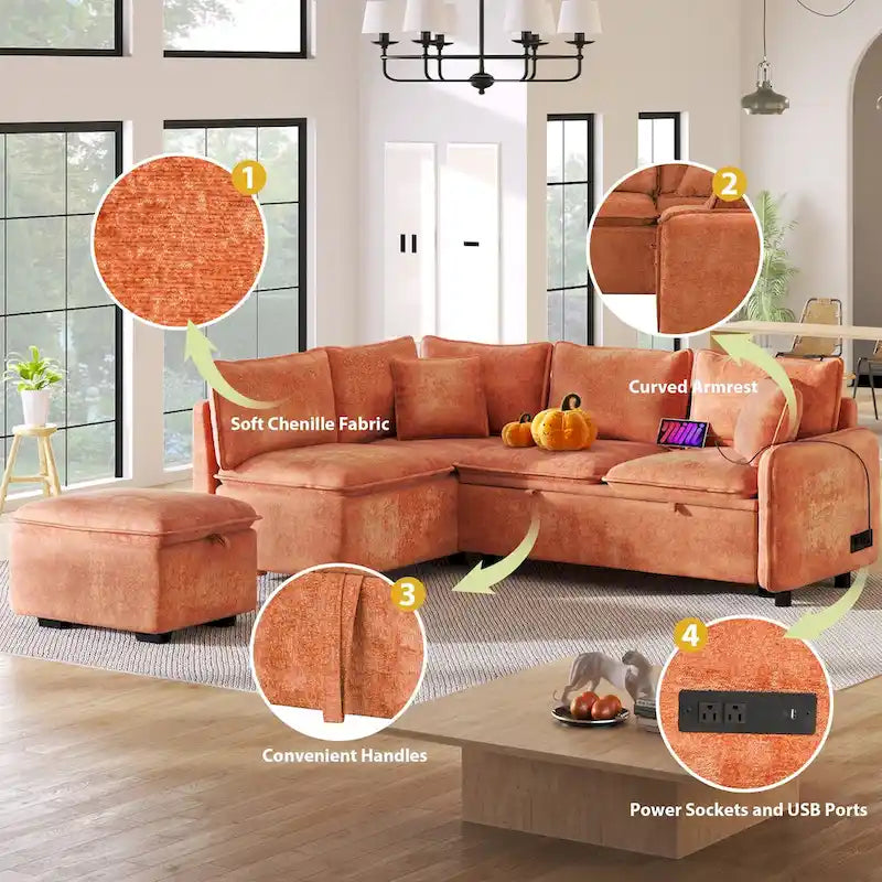Canapé convertible modulaire avec pouf, deux oreillers, prises de courant et ports USB, orange