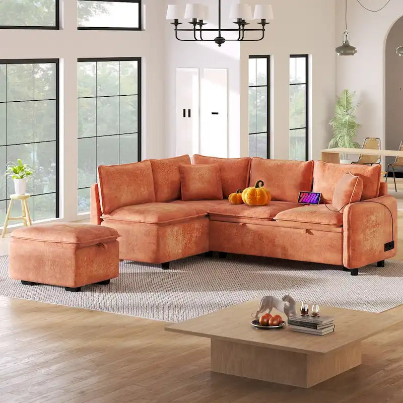 Canapé convertible modulaire avec pouf, deux oreillers, prises de courant et ports USB, orange