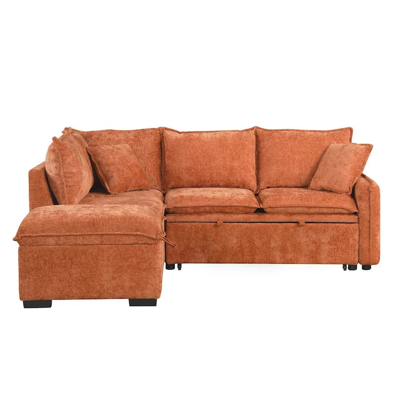Canapé convertible modulaire avec pouf, deux oreillers, prises de courant et ports USB, orange