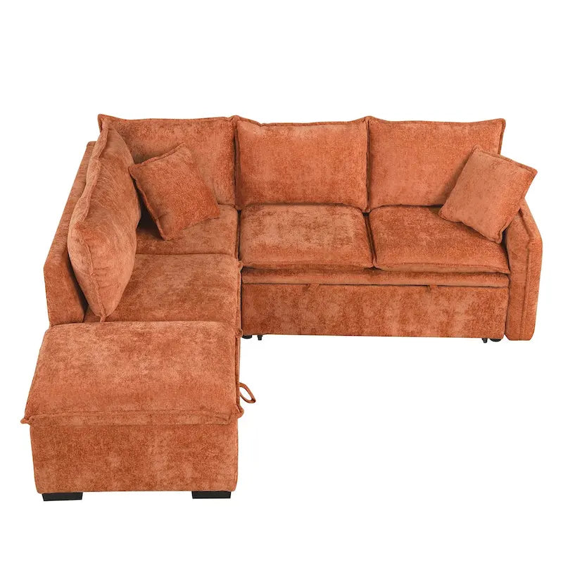 Canapé convertible modulaire avec pouf, deux oreillers, prises de courant et ports USB, orange