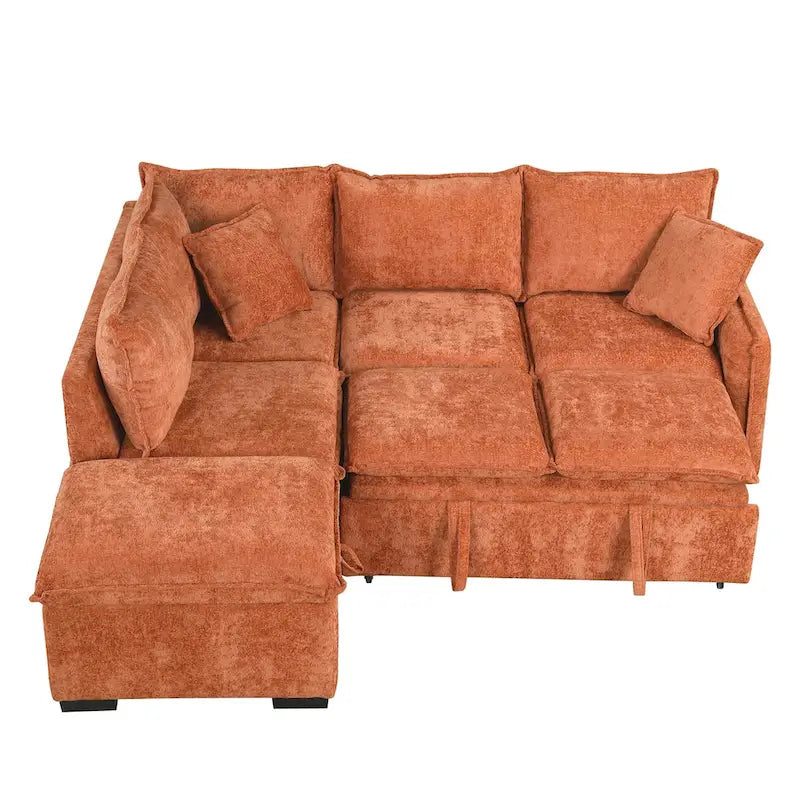Canapé convertible modulaire avec pouf, deux oreillers, prises de courant et ports USB, orange