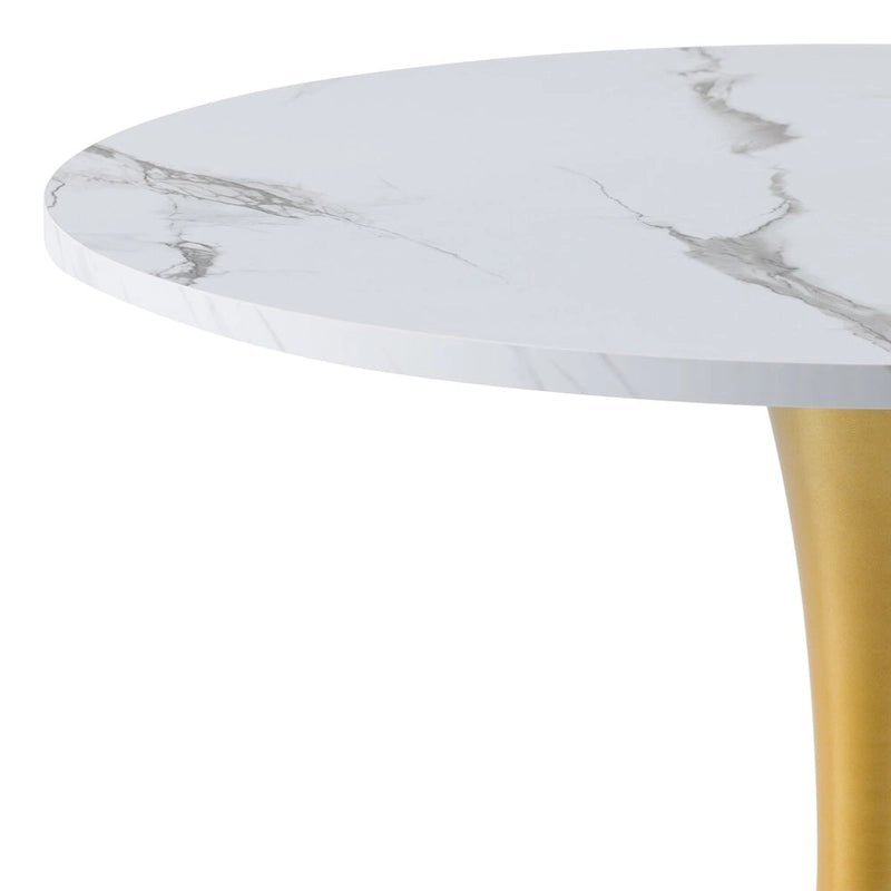 Table de salle à manger bistrot à pied central, 71 cm, blanche avec base piédestal dorée