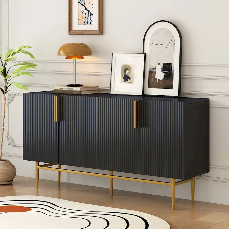 Buffet de salle à manger 4 portes avec poignées dorées en métal - 152,4L x 38,6l x 80H cm
