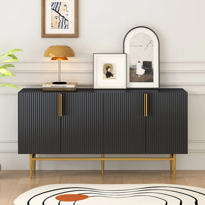 Buffet de salle à manger 4 portes avec poignées dorées en métal - 152,4L x 38,6l x 80H cm