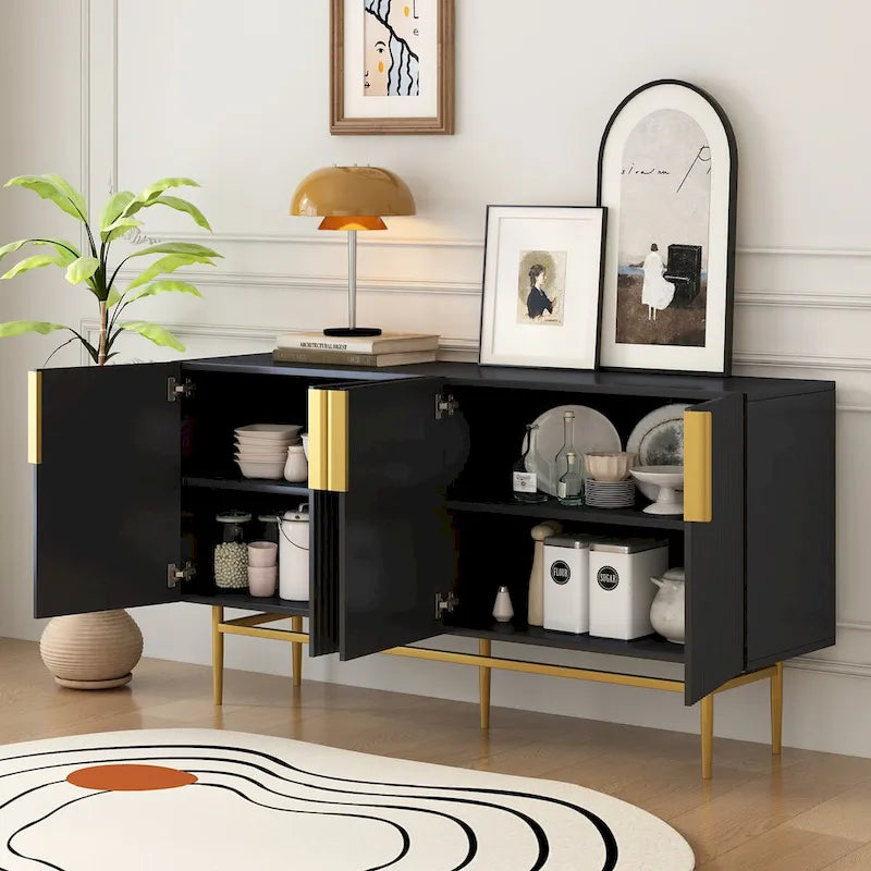 Buffet de salle à manger 4 portes avec poignées dorées en métal - 152,4L x 38,6l x 80H cm