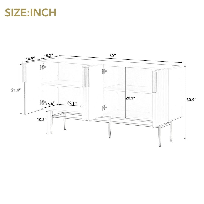 Buffet de salle à manger 4 portes avec poignées dorées en métal - 152,4L x 38,6l x 80H cm