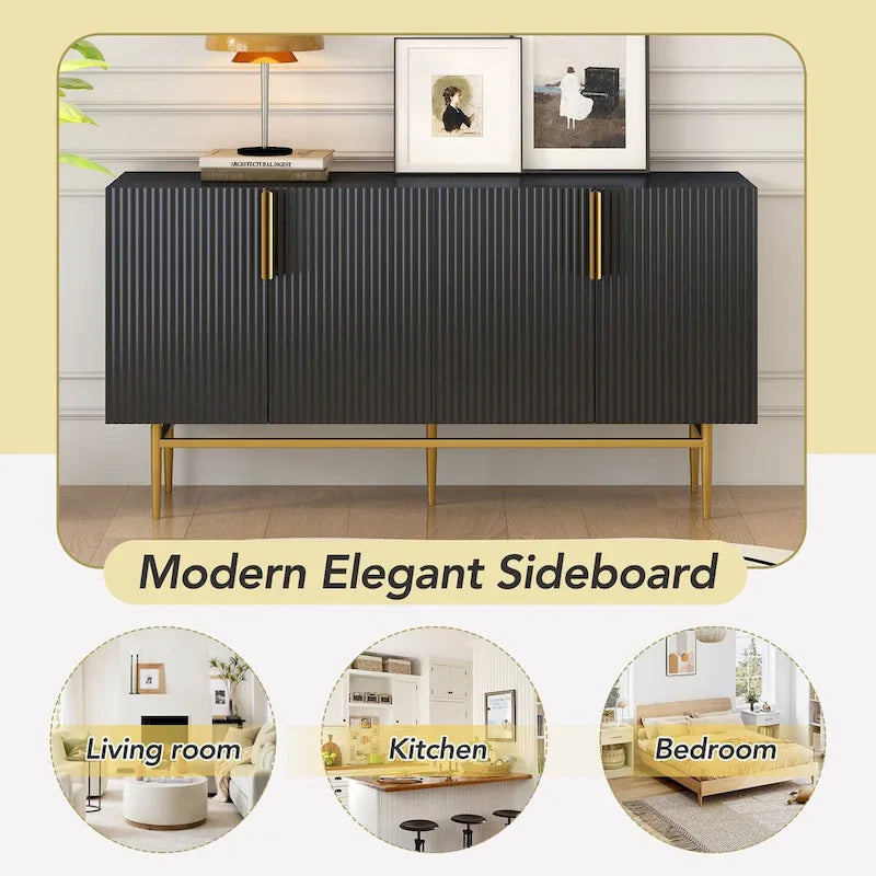 Buffet de salle à manger 4 portes avec poignées dorées en métal - 152,4L x 38,6l x 80H cm