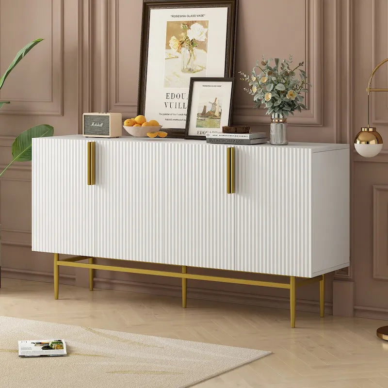Buffet de salle à manger 4 portes avec poignées dorées en métal - 152,4L x 38,6l x 80H cm