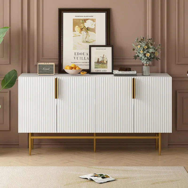 Buffet de salle à manger 4 portes avec poignées dorées en métal - 152,4L x 38,6l x 80H cm