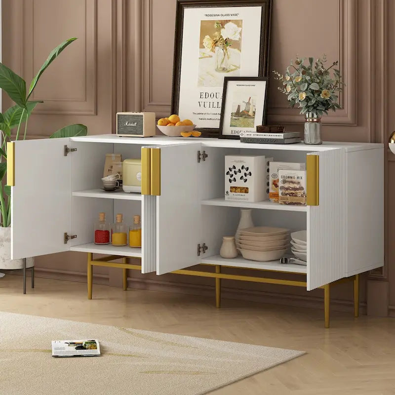 Buffet de salle à manger 4 portes avec poignées dorées en métal - 152,4L x 38,6l x 80H cm