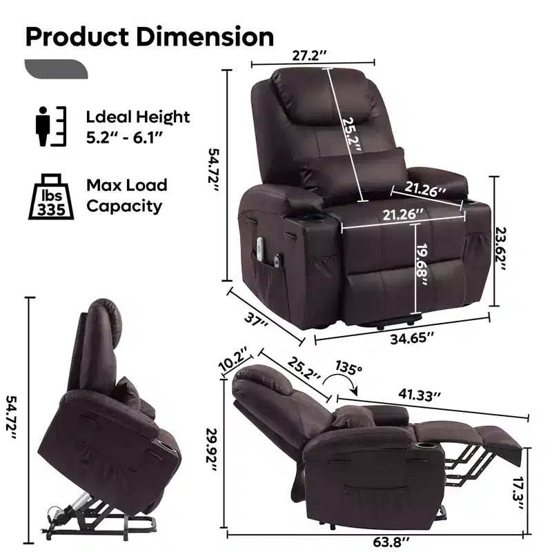 Fauteuil inclinable électrique Bestier de 88 cm avec fonction de levage, massage et chauffage, en similicuir, avec poches latérales et porte-gobelets