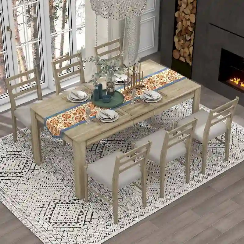 Ensemble de salle à manger extensible en bois 7 pièces avec rallonge de 30,5 cm et 2 tiroirs, 6 chaises