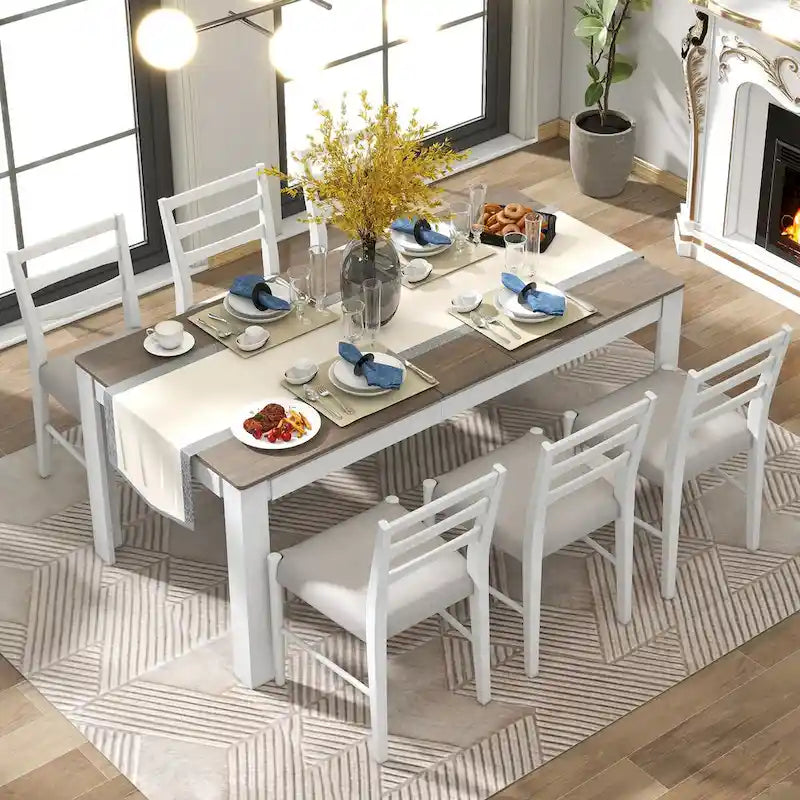 Ensemble de salle à manger extensible en bois 7 pièces avec rallonge de 30,5 cm et 2 tiroirs, 6 chaises
