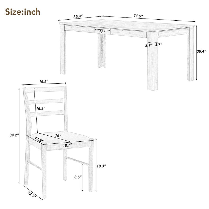 Ensemble de salle à manger extensible en bois 7 pièces avec rallonge de 30,5 cm et 2 tiroirs, 6 chaises