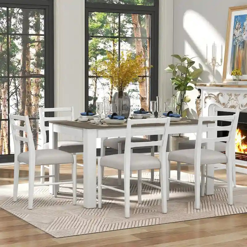 Ensemble de salle à manger extensible en bois 7 pièces avec rallonge de 30,5 cm et 2 tiroirs, 6 chaises