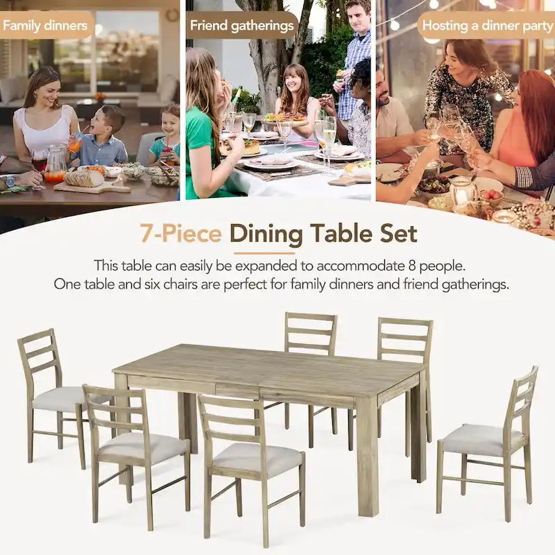 Ensemble de salle à manger extensible en bois 7 pièces avec rallonge de 30,5 cm et 2 tiroirs, 6 chaises
