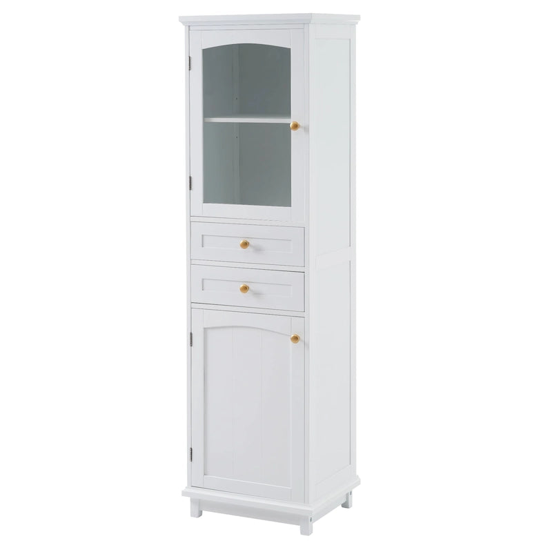 Meuble de rangement de salle de bain haut avec portes vitrées Armoire autonome avec deux tiroirs